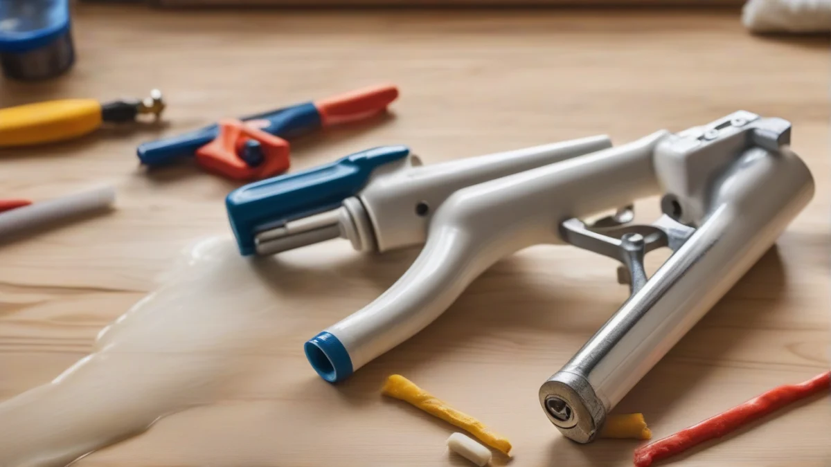 A caulking gun with a tube of sealing caulk ready for use