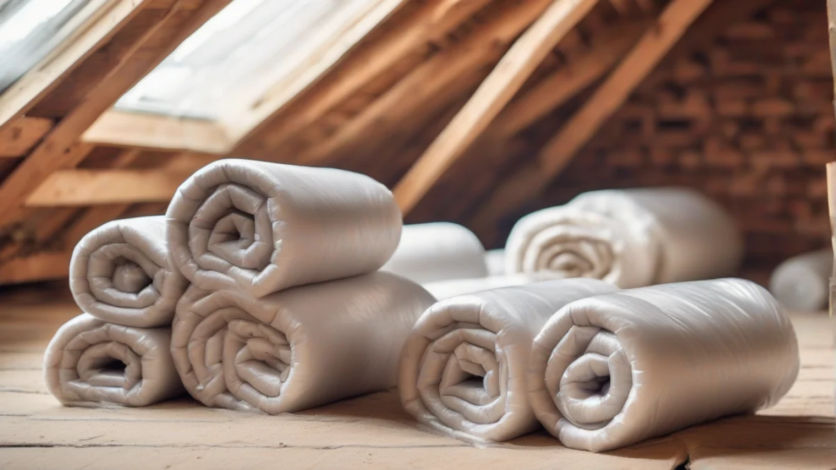A stack of insulation batts neatly arranged in an attic