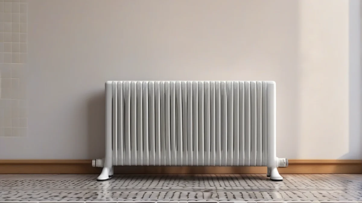 An oil-filled radiator heater with fins, standing on a tiled kitchen floor.