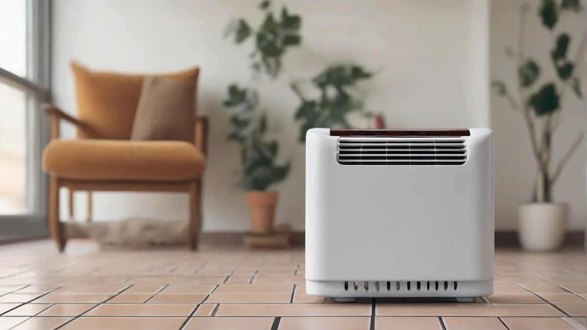 A compact electric space heater positioned against a wall, warming the room.