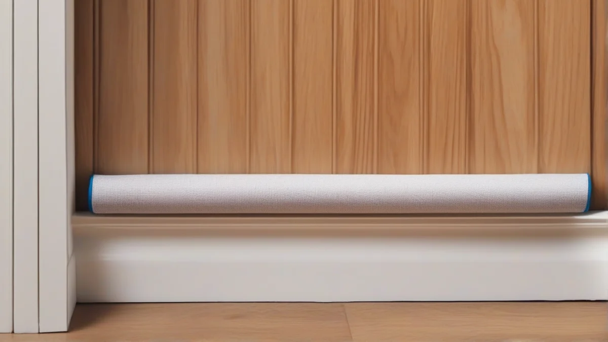 A fabric draft stopper blocking cold air under a closed wooden door.
