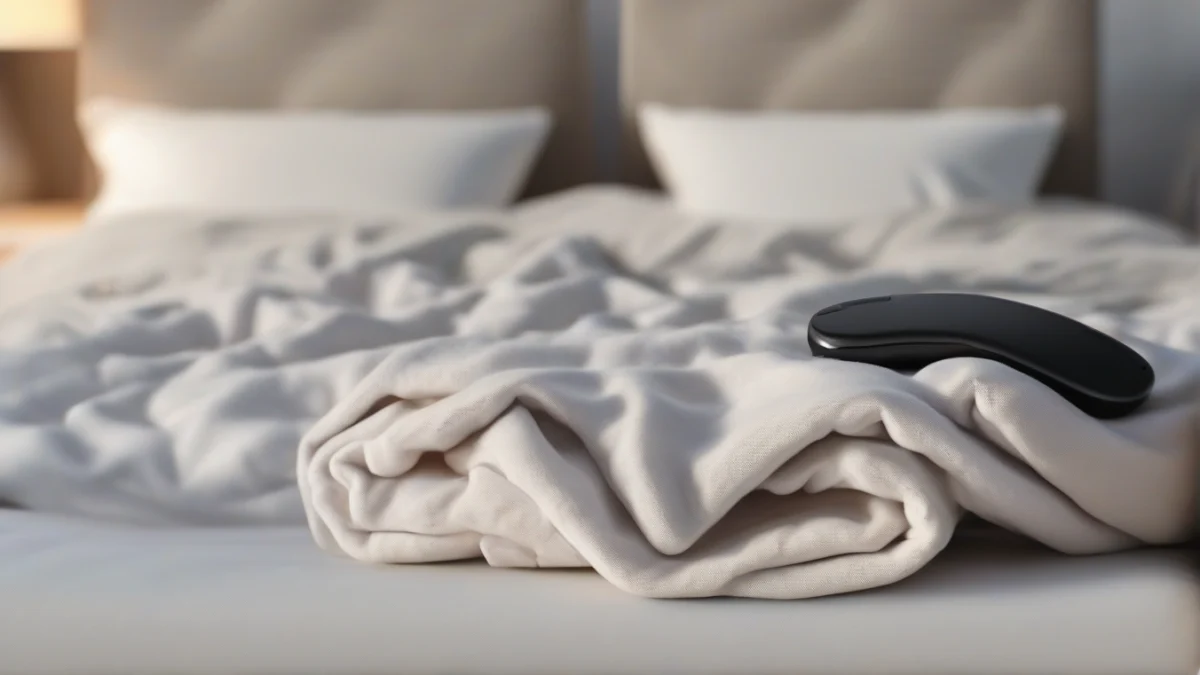 A folded heated blanket placed on a bed with pillows