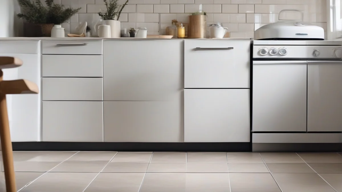 A ceramic tile floor with a heater nearby