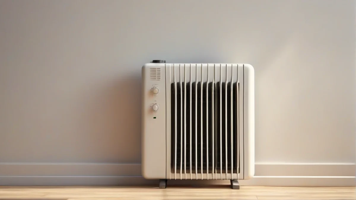 A space heater placed away from the wall for air circulation