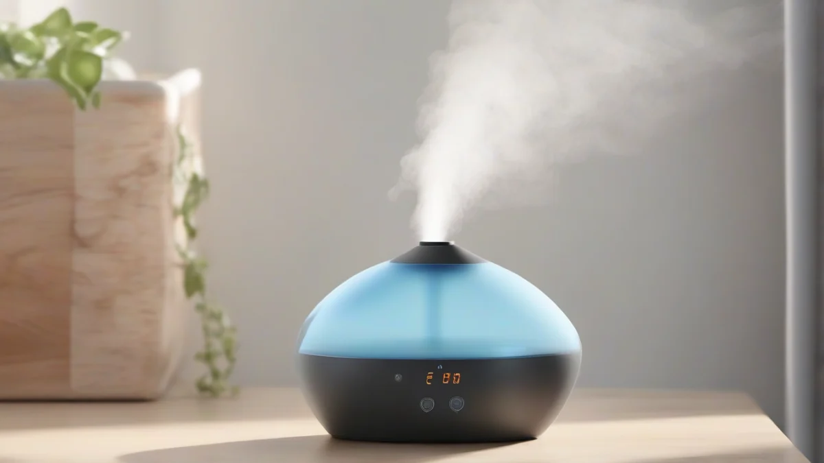 A cool-mist humidifier releasing mist in a bedroom