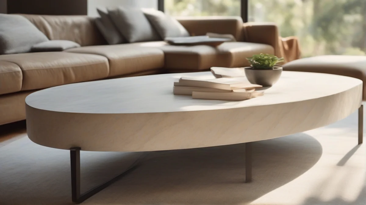 A heavy stone coffee table positioned near a window