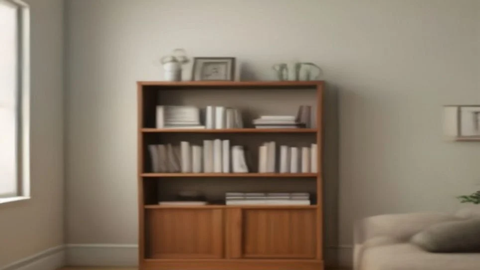 A solid wood bookcase placed against an exterior wall