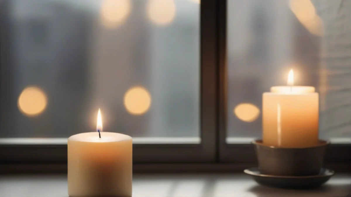 A lit candle detecting a draft near a window