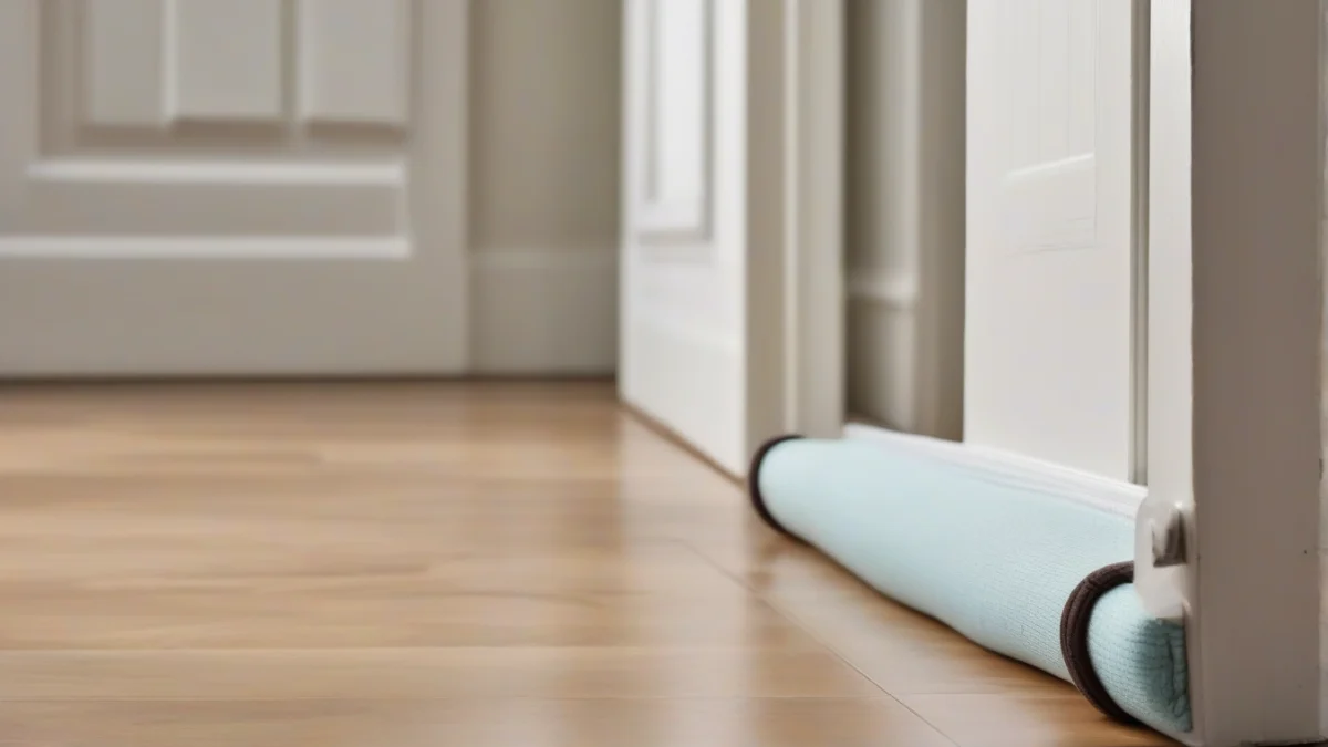 A draft stopper placed at the bottom of a closed door to prevent air leaks.