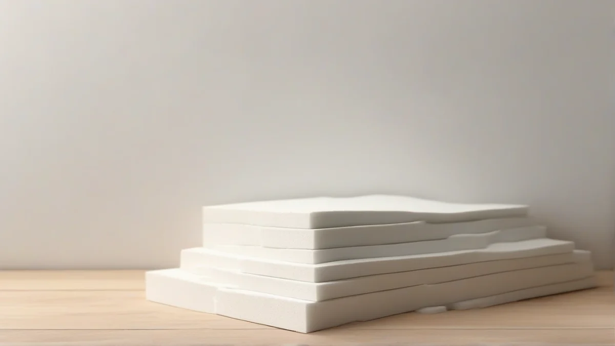 A sheet of rigid foam board insulation resting against a wall ready for installation.