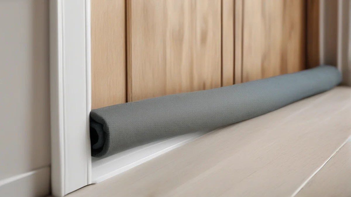 a draft stopper blocking cold air at a wooden door gap