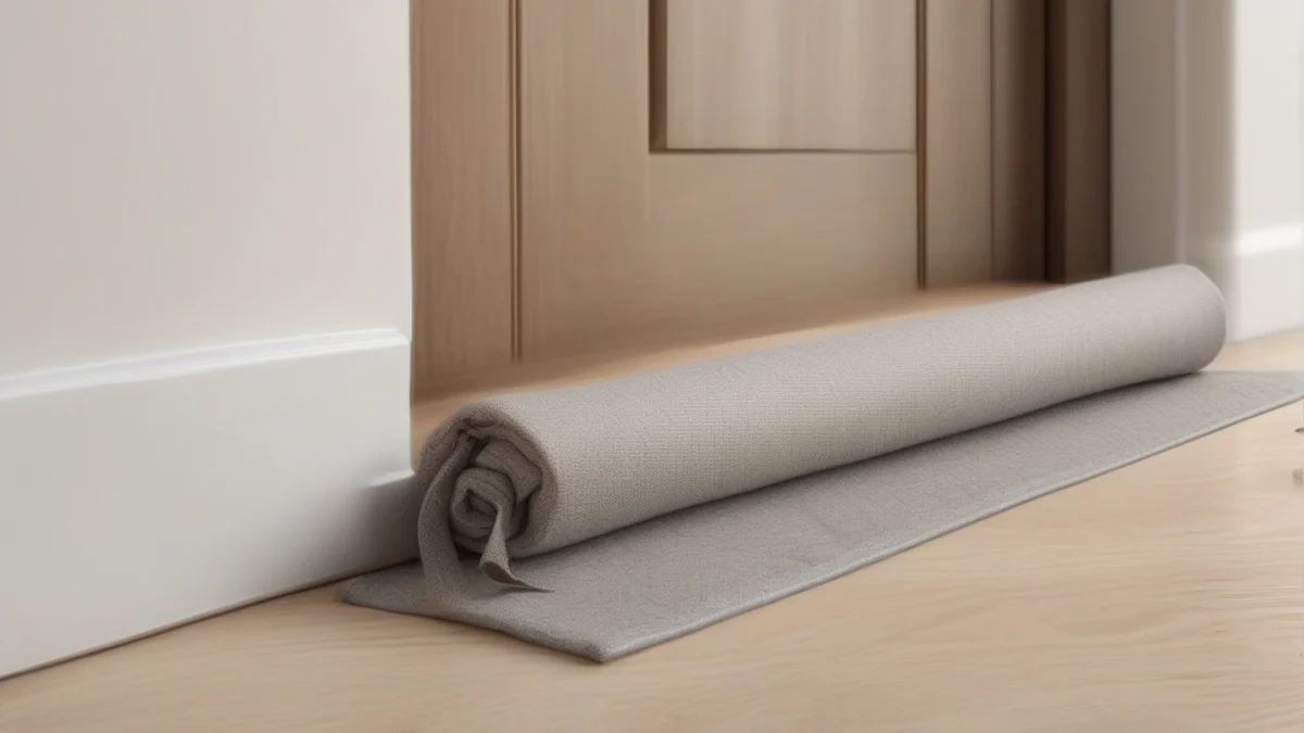 A fabric draft stopper blocking cold air under a door