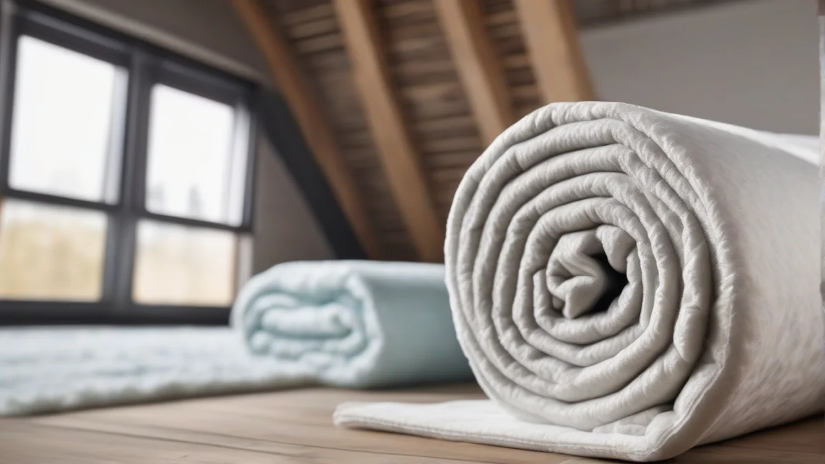 A rolled insulation blanket ready for installation in a loft bedroom