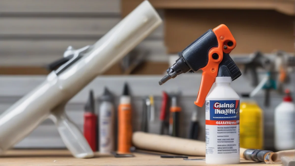 A tube of caulk next to a caulking gun ready for use