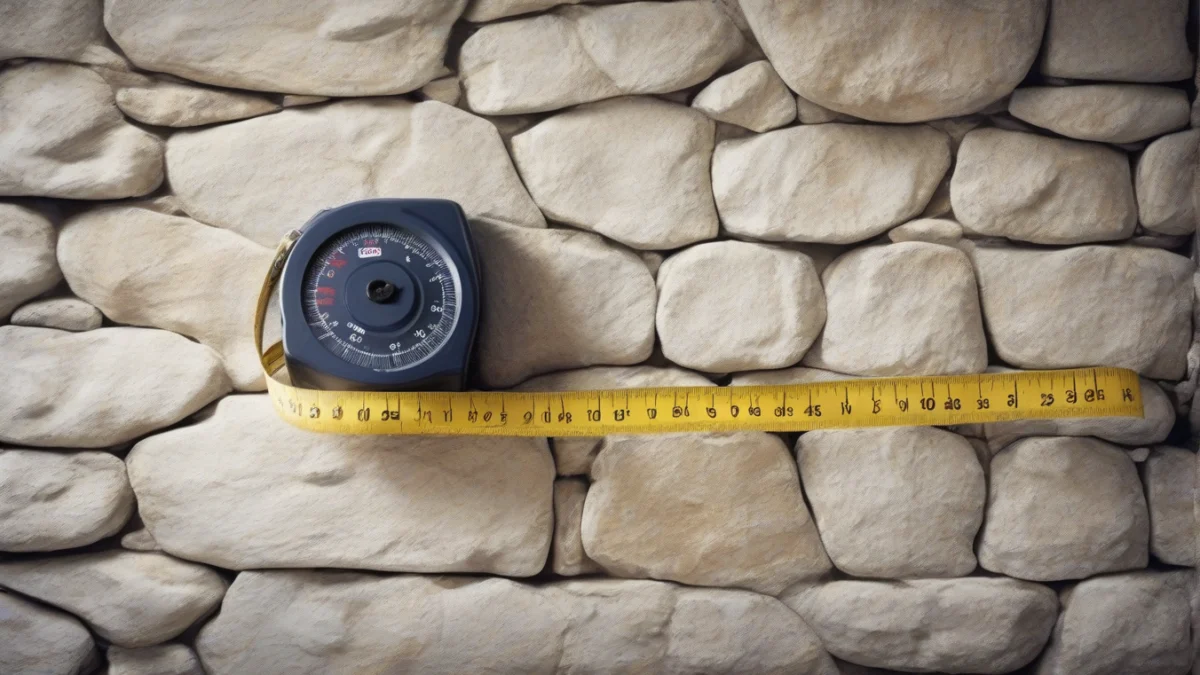 A measuring tape resting against a stone wall for insulation assessment