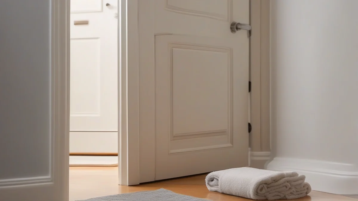 a rolled towel used as a draft stopper under a door