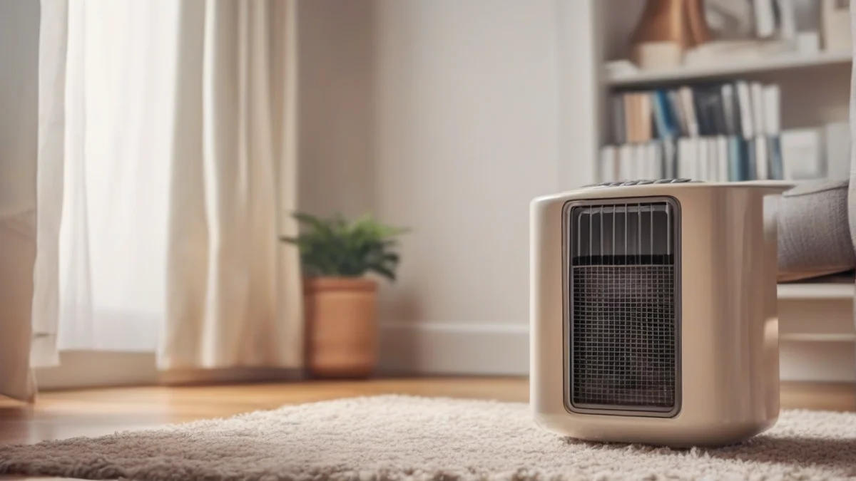 A portable space heater providing warmth in a living room