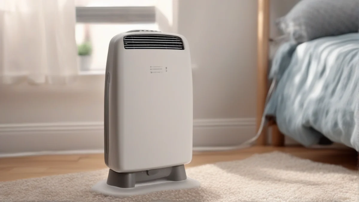 A portable electric heater providing warmth in a cozy bedroom