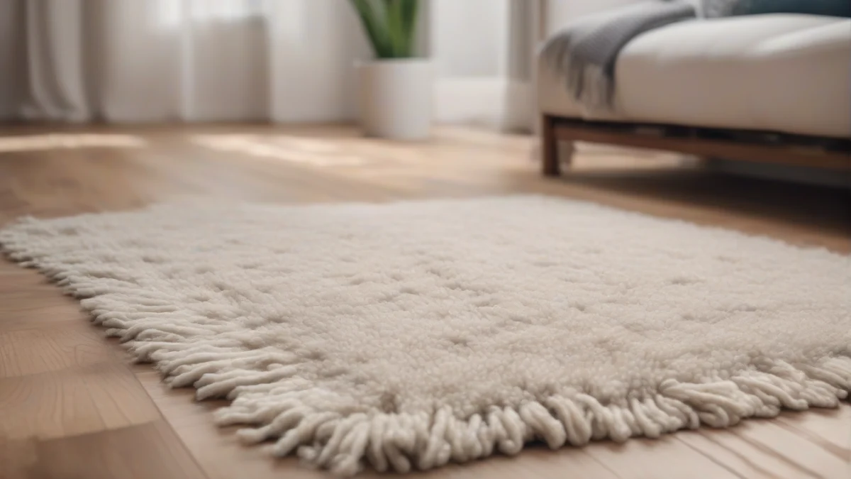 A thick wool rug layered on top of a hardwood floor.