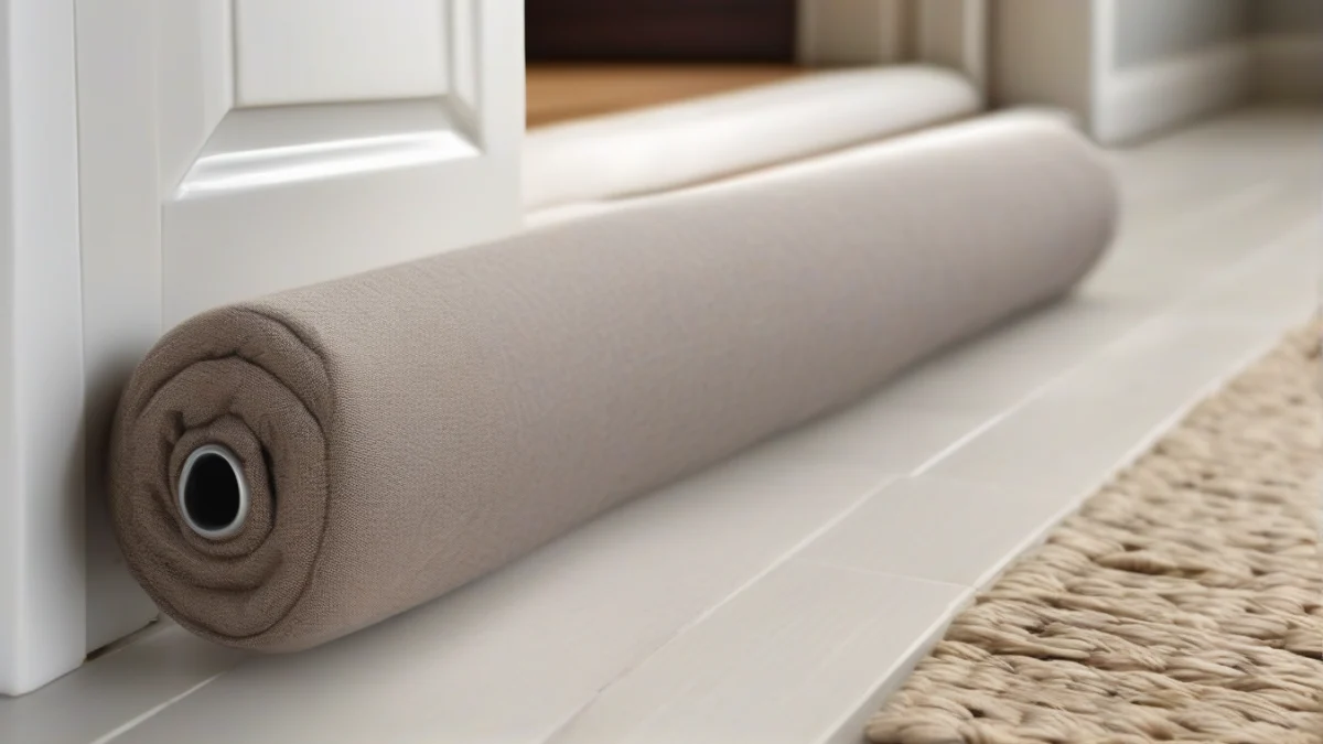 A fabric draft stopper blocking cold air at a door gap