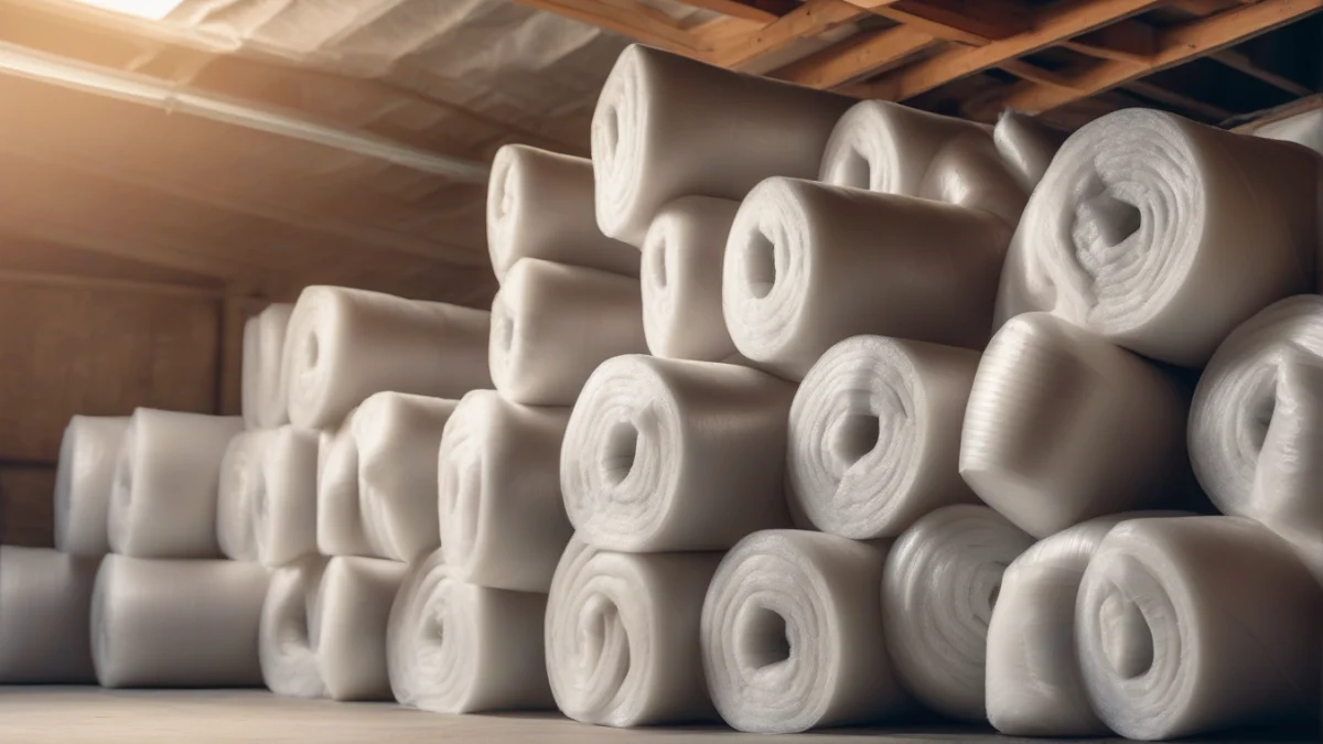 Rolls of insulation batts ready for installation in a garage