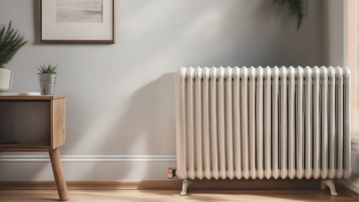 An oil-filled radiator heater standing in a warm living room