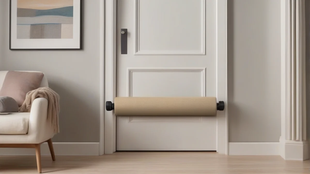A fabric draft stopper blocking a door gap to reduce drafts