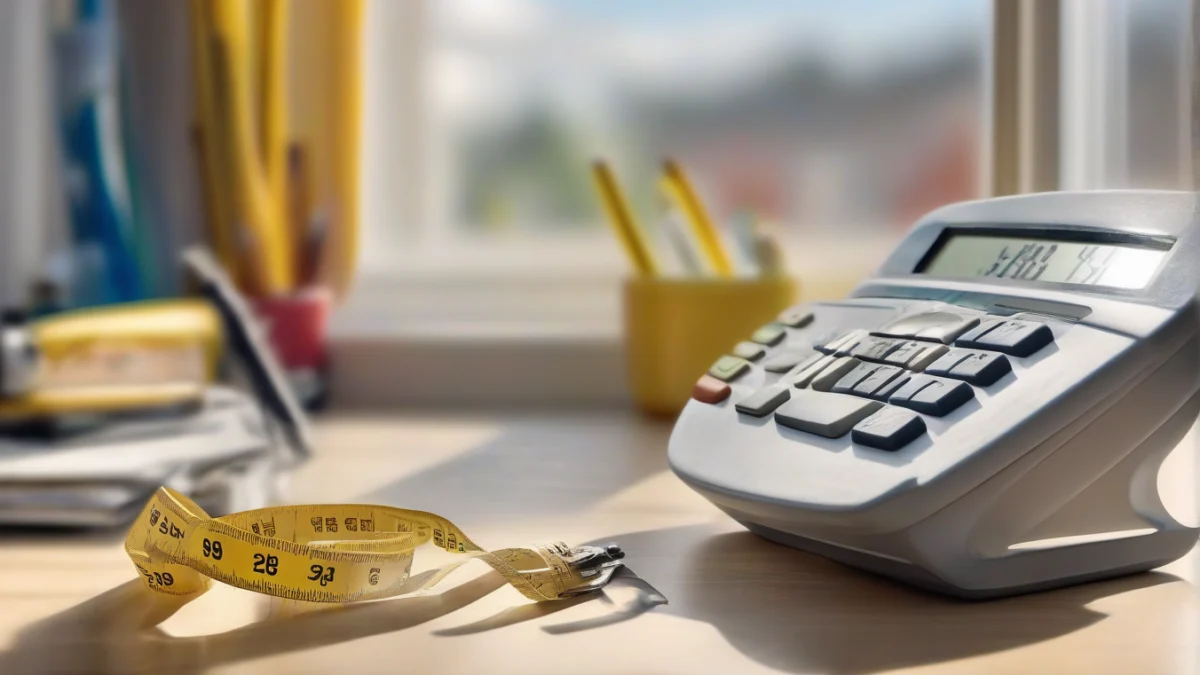A wattage calculator next to a measuring tape for sizing heaters