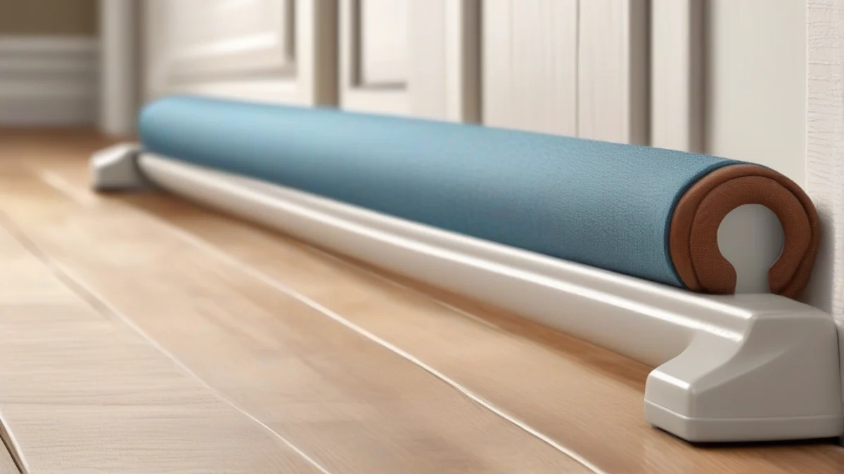 A fabric draft stopper blocking cold air under a door
