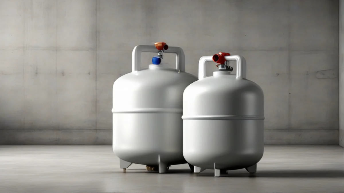 A 20 lb propane tank standing on a concrete surface.