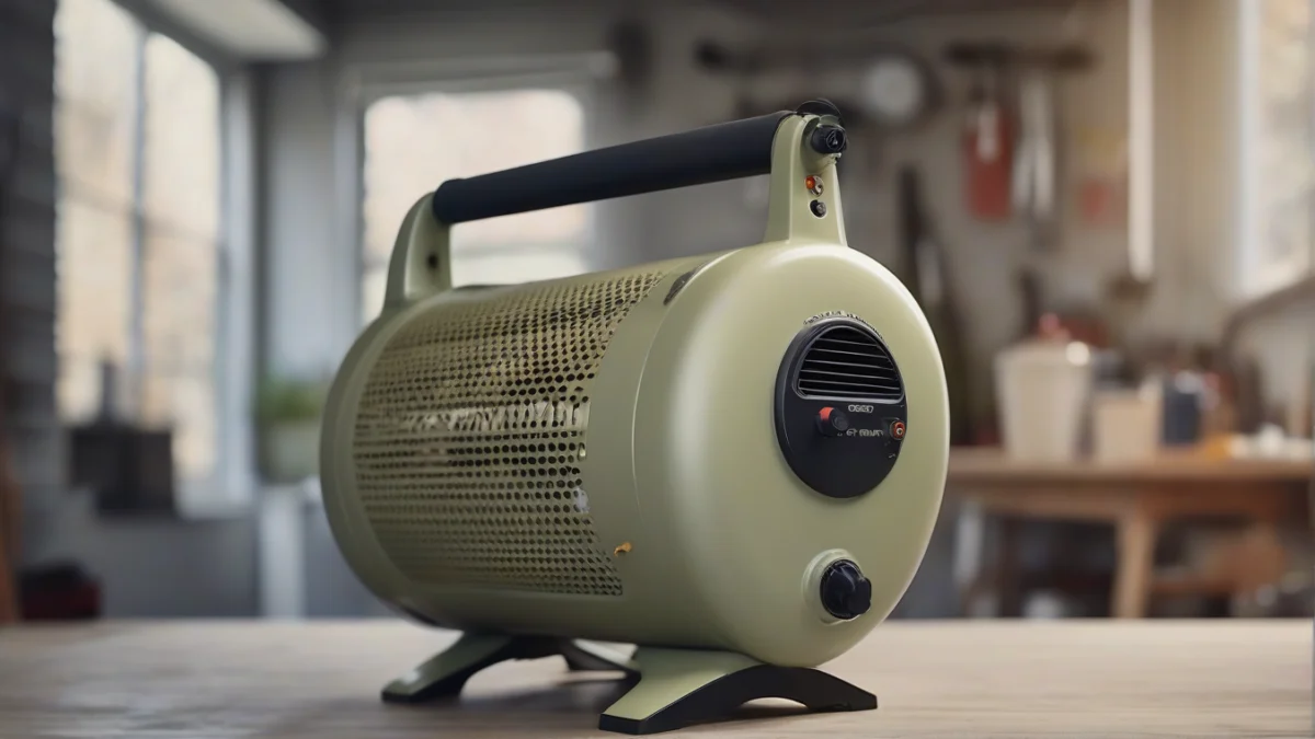 A torpedo heater positioned in a garage, ready for use.