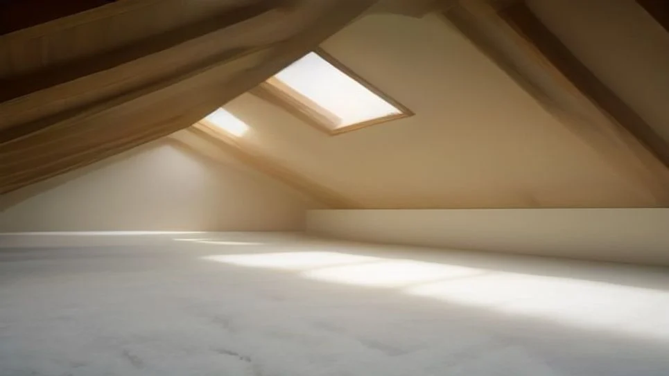 A stack of rolls of loft insulation material in a bright attic