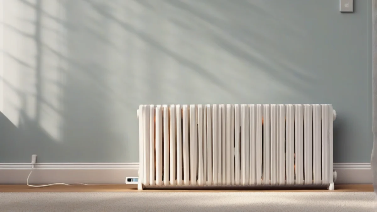An electric heater with safety features positioned safely in a bedroom