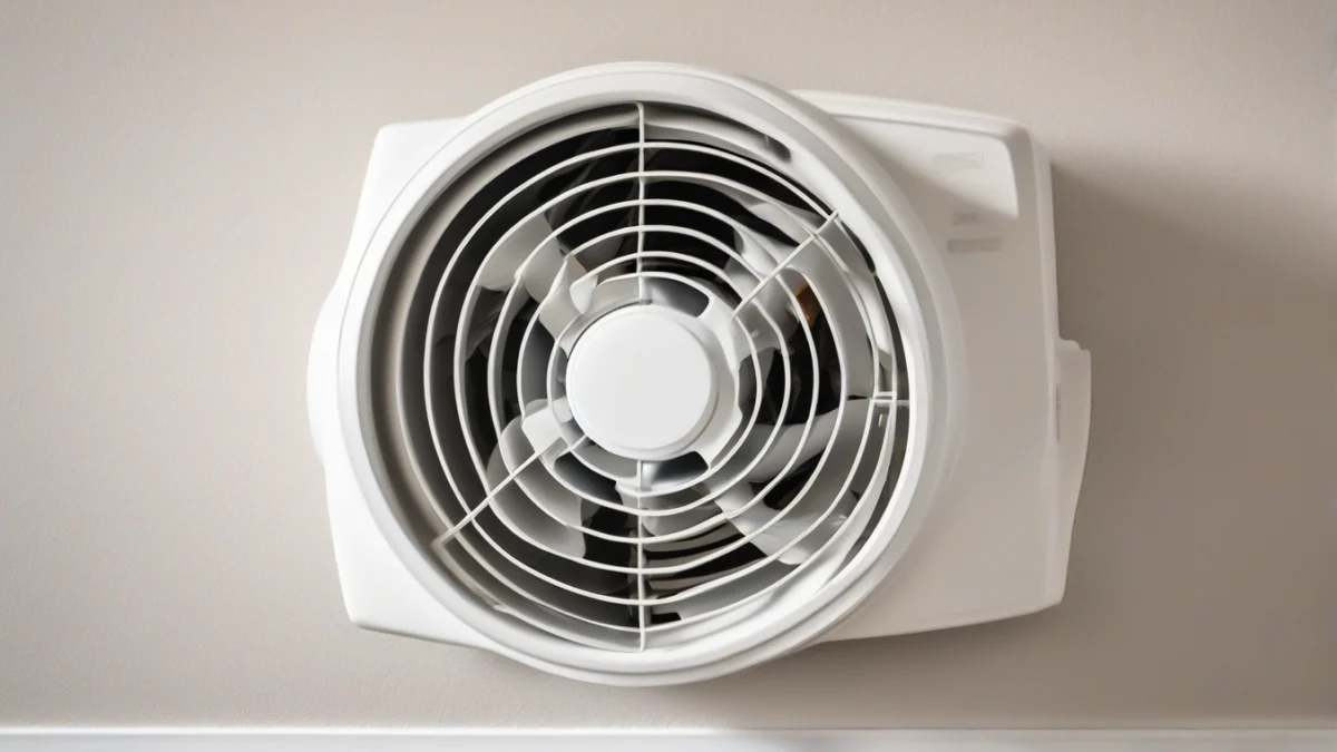 A duct booster fan installed on a wall to improve airflow