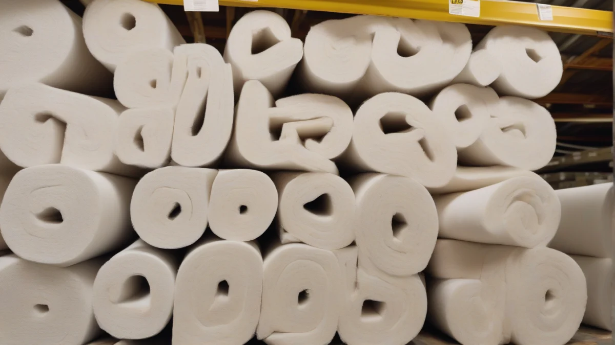Several rolls of insulation material displayed in a store aisle for home improvement.