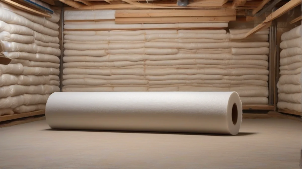 A roll of insulation material lying in an unfinished basement