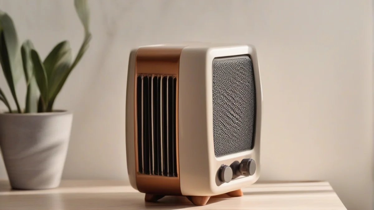 A ceramic space heater with a fan on a bedside table