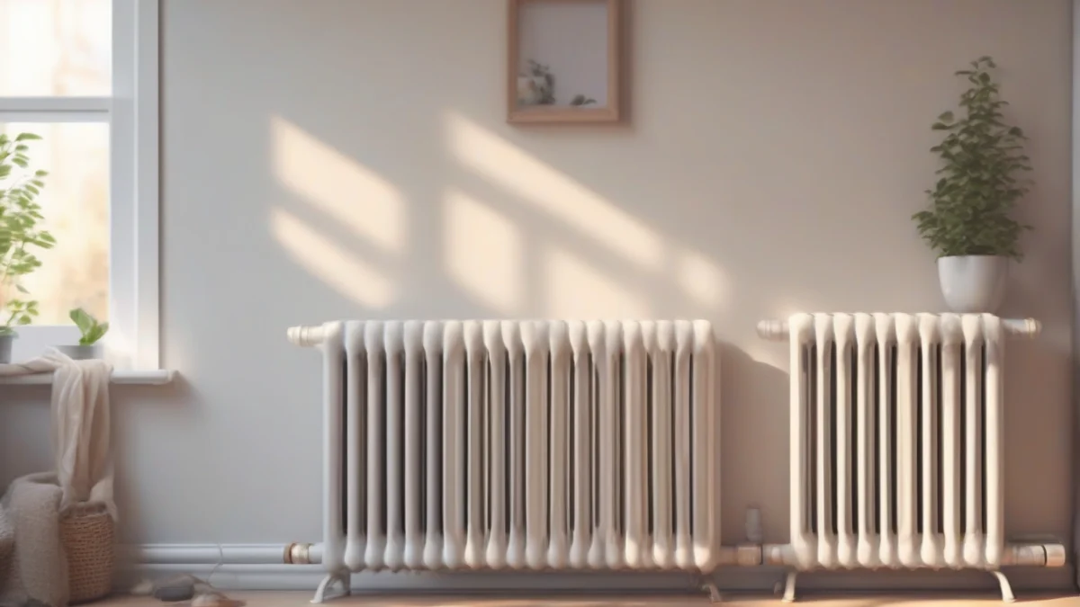 An oil-filled radiator heater providing warmth in a cozy bedroom