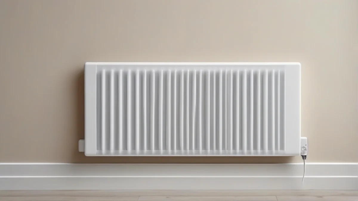 A slim electric panel heater radiating warmth in a room