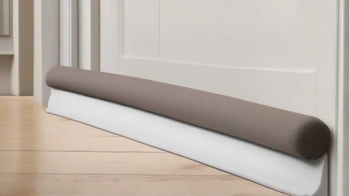 A fabric draft stopper placed at the bottom of a closed door