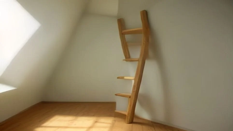 A warped and damaged loft ladder showing signs of wear