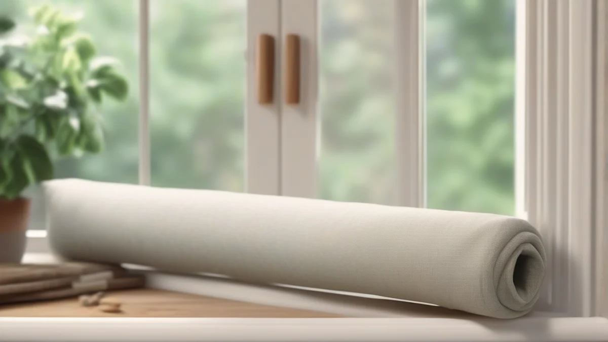 A fabric draft stopper placed against a window to block drafts.