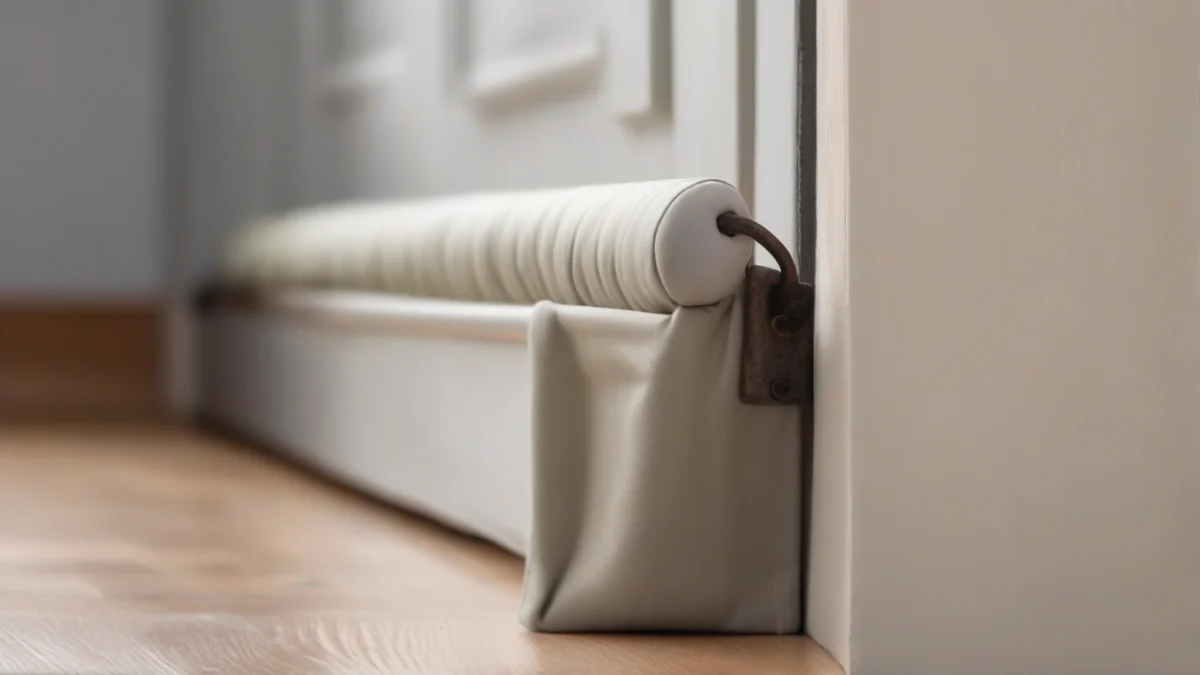 a fabric draft stopper blocking cold air under an old metal window