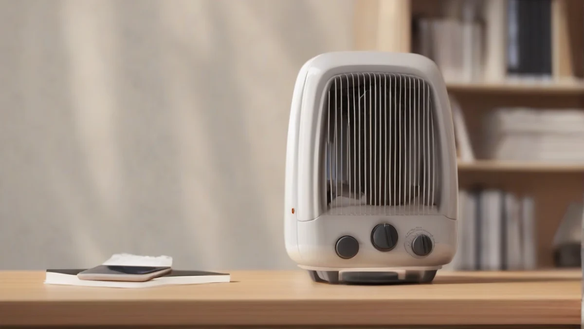 A ceramic space heater providing warmth in a cozy study