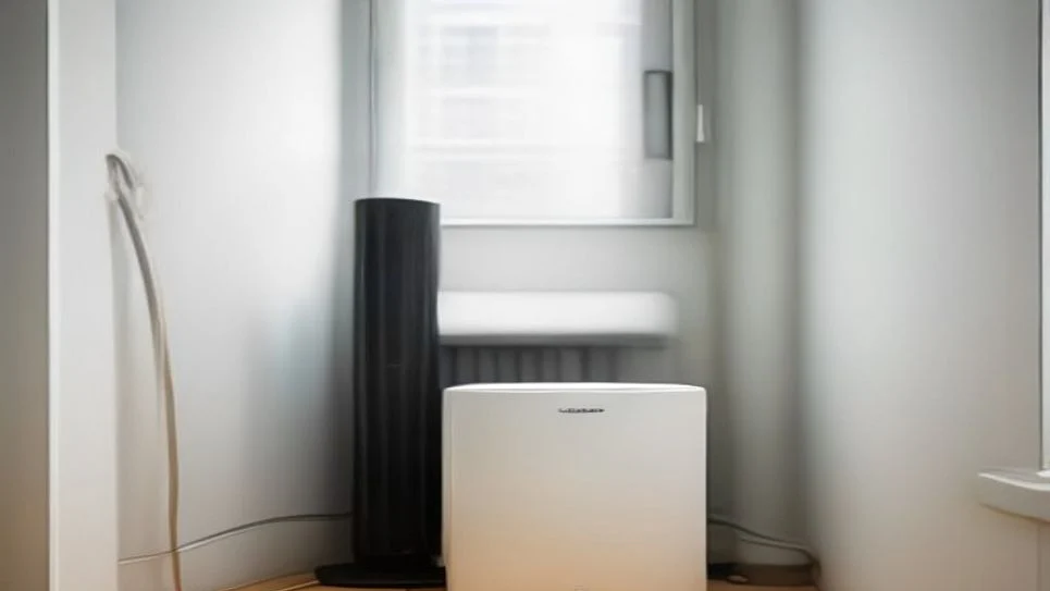 A compact electric space heater providing warmth in a utility room