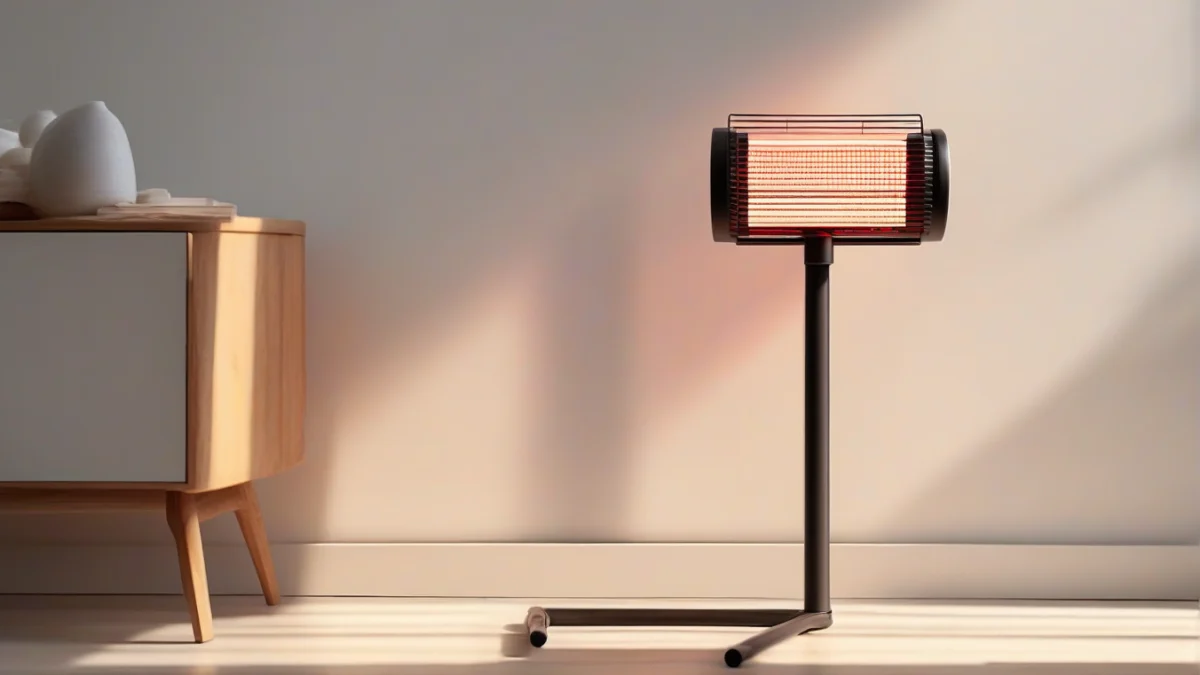An infrared heater providing direct warmth in a sunlit room