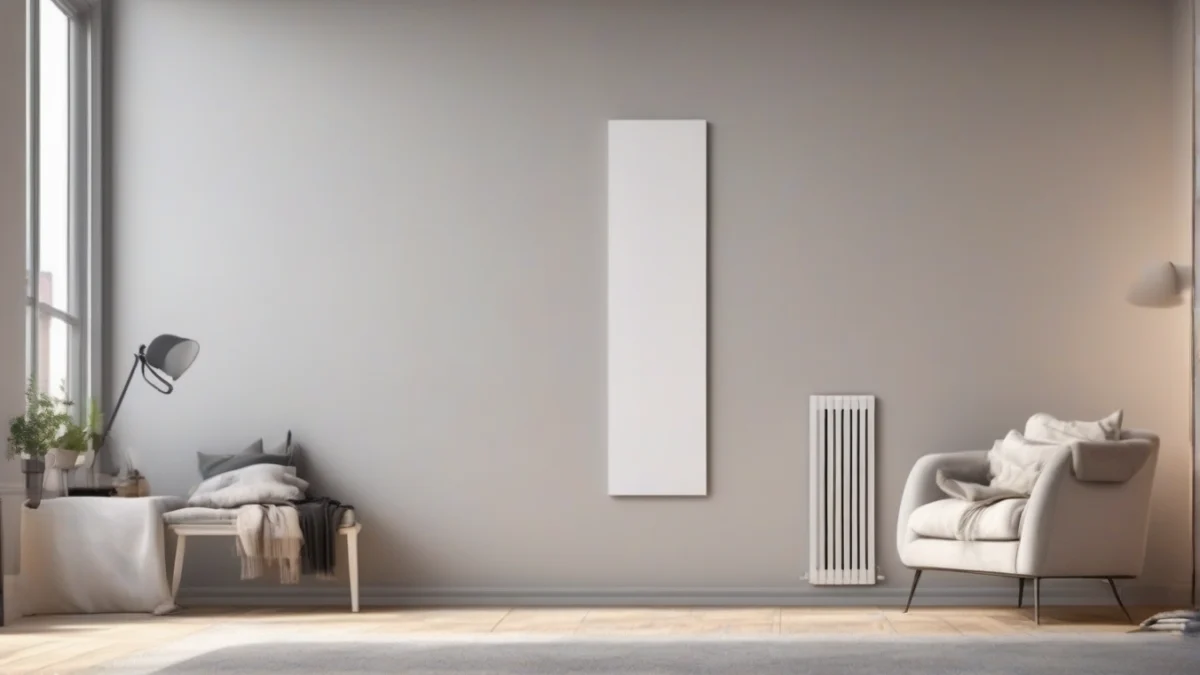 A wall-mounted panel heater installed beneath a window.