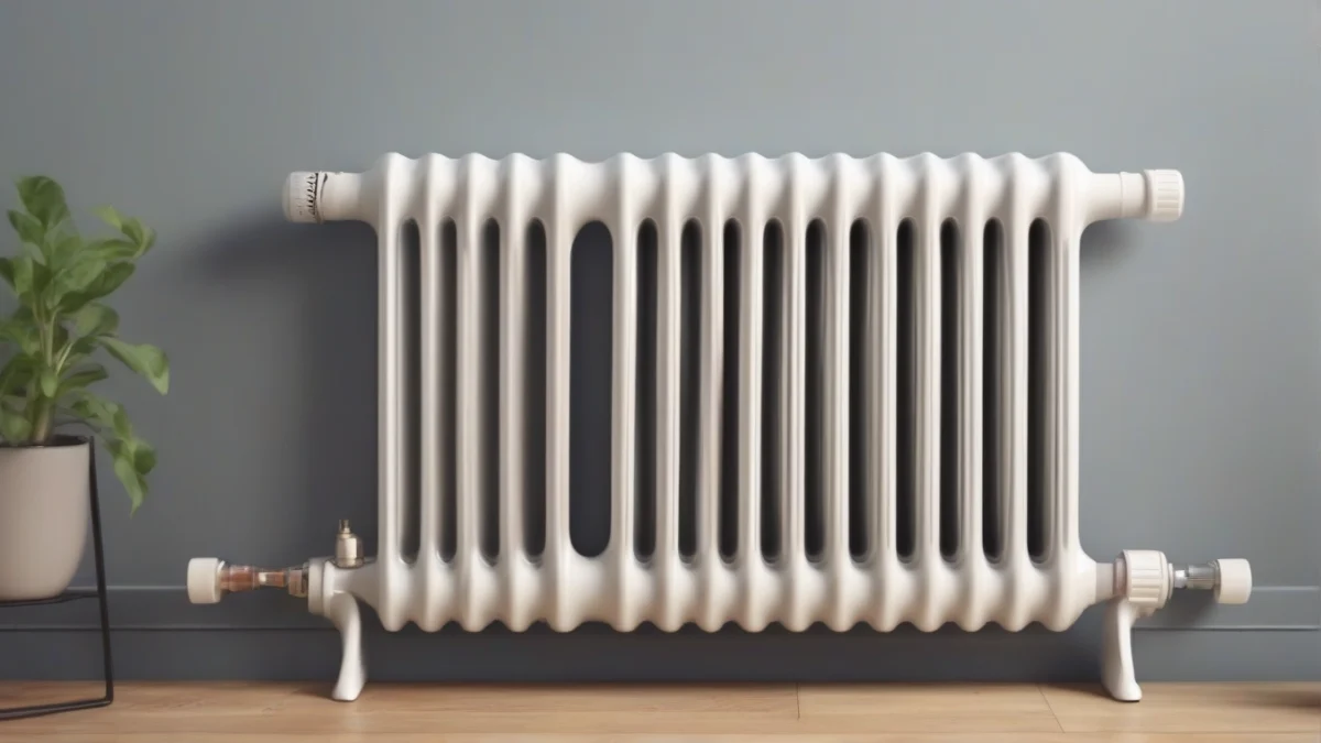 A sleek oil-filled radiator heater placed against a wall.