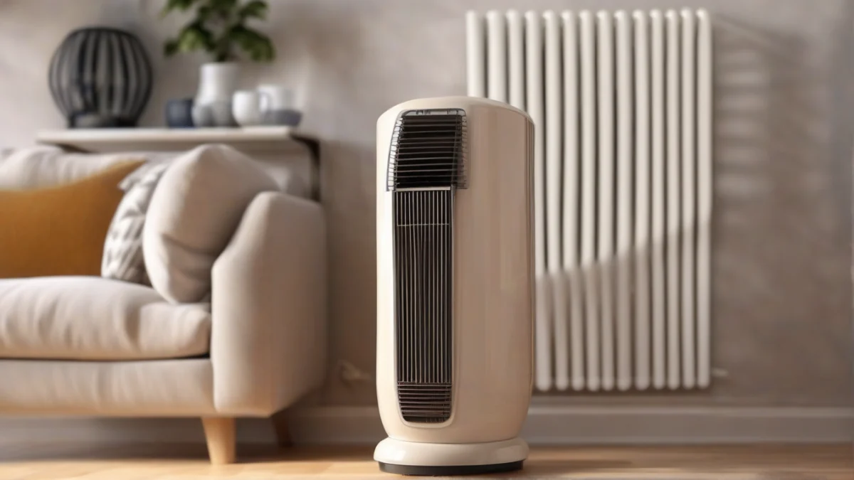 A fan-forced ceramic heater positioned in a living room