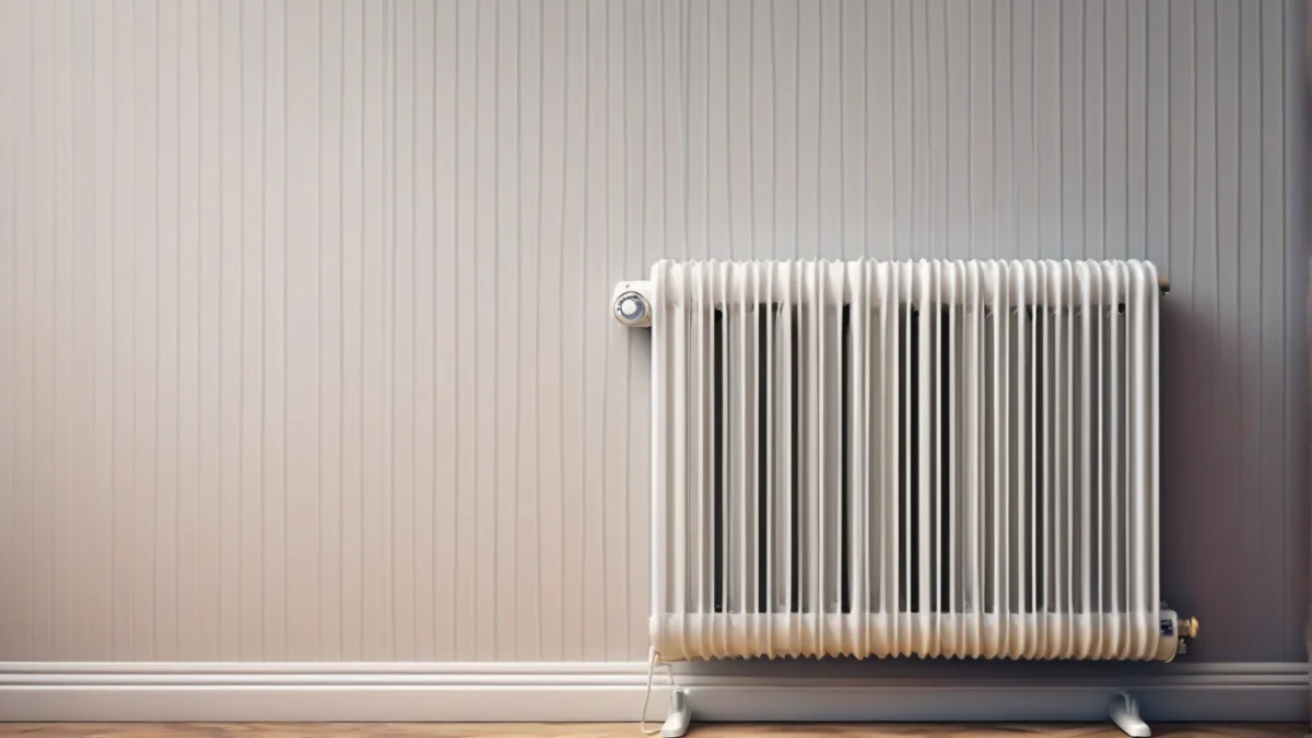 An oil-filled radiator heater standing by a home office wall
